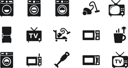 Essential Household Appliances and Electronic Devices Silhouettes Collection Including Washing Machines, Television Sets, Microwaves, Vacuum Cleaners, and Blenders Isolated 