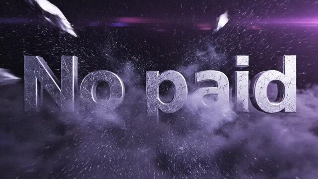 No paid metallic 3D text message surrounded by flying sharp crystal shards and glowing blue light amidst dramatic dark smoke