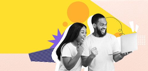 Two people smile and cheer in a colorful collage while engaging with a laptop. Their expressions...