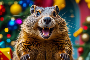 Cute fluffy animal having fun at winter seasonal holiday festive groundhog day party AI Generative