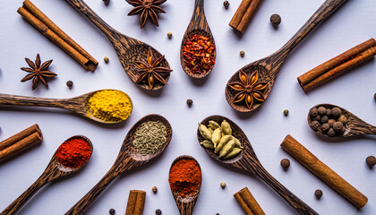 Overhead view of various colorful ground and whole spices in wooden spoons arranged radially on a white surface.