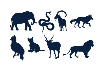 Collection of large dark animal forms elephant snake goat lion wolf