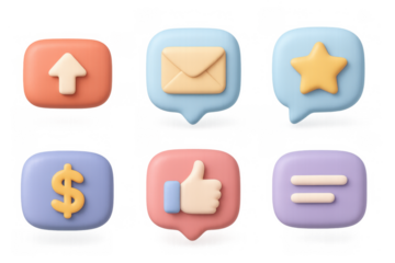 Vibrant 3d cartoon icon set: email, star, dollar, and social media symbols for digital design