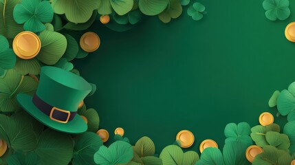 A festive St. Patrick's Day design featuring green leaves, a leprechaun hat, and gold coins, set against a vibrant green background.