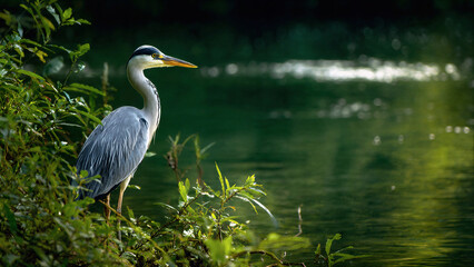 Naklejka premium Elegant Grey Heron Perched on Riverbank Amid Vibrant Green Foliage.Great blue heron in a pond