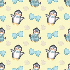 Seamless pattern Cute penguins collection in winter Hand drawn watercolor illustration. For labels, paper, textiles on yellow background.