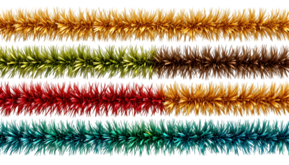 Four rows of shimmering holiday tinsel garland in gold green red and teal colors
