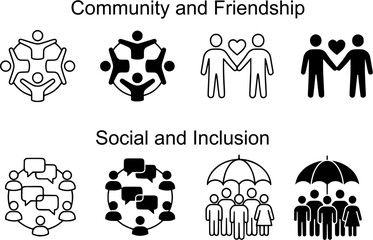 Community and Friendship Icon Collection Outline Set: Outline icons depicting community, communication, inclusion, and equality concepts, ideal for infographics and social awareness materials.