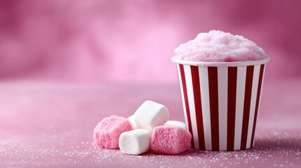 Cotton Candy Delight: A whimsical close-up showcases a paper cup filled with fluffy cotton candy and a handful of delicious marshmallows. all set against a sweet pink backdrop.