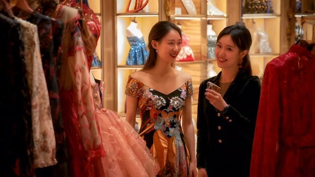 Holiday shopping season. Retail business promotion concept. A woman in a black dress with a floral pattern stands in a store, holding a small object in her hand.