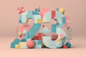 Colorful 3D Render of Number 23 with Playful Geometric Shapes