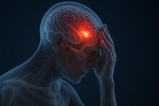 Medical illustration showing human brain anatomy with highlighted stroke and pain region