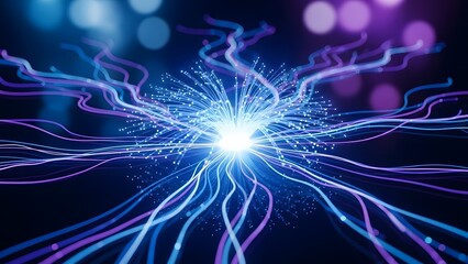 Abstract Neural Network Connections and Energy Burst with Glowing Blue and Purple Lines