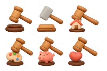 Collection of simple gavel icons including piggy bank and heart for justice and legal themes