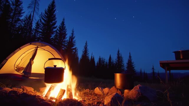 Night camping scene with a campfire, tent, and cookware under a starry sky in a forest