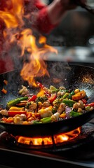 A chef expertly stir-fries vibrant vegetables in a blazing wok, showcasing the culinary skills and art of cooking in a professional kitchen.