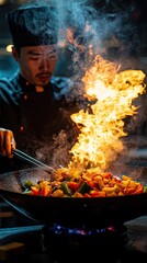 A chef expertly stir-fries vibrant vegetables in a blazing wok, showcasing the culinary skills and art of cooking in a professional kitchen.
