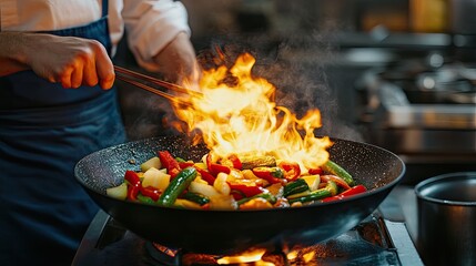 A chef expertly stir-fries vibrant vegetables in a blazing wok, showcasing the culinary skills and art of cooking in a professional kitchen.