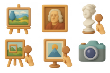 Art auction icons with paintings, sculpture, and vintage camera for design
