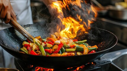 A chef expertly stir-fries vibrant vegetables in a blazing wok, showcasing the culinary skills and art of cooking in a professional kitchen.