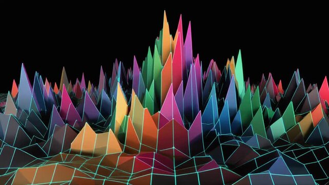 Colorful Data Visualization Abstract Landscape with Peaks and Grid.