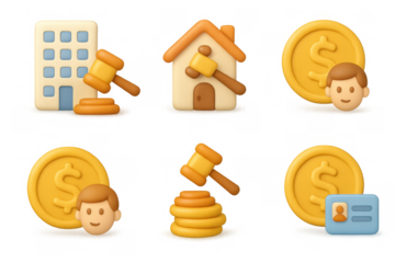 Auction icon set featuring gavel, house, coins, and profile illustrations for design projects