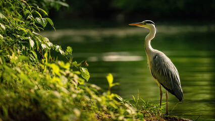 Naklejka premium Great blue heron standing in grassy wetland wildlife scene.
