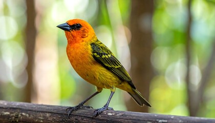 Bright orange bird perched on a branch with a green bokeh background, creating a vibrant and colorful scene
