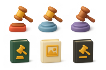 Auction icon set with colorful gavels and law books for design and decoration