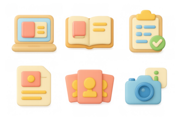 Cartoon icon set featuring office tools and communication elements for creative design