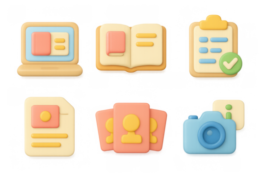 Cartoon icon set featuring office tools and communication elements for creative design - Powered by Adobe