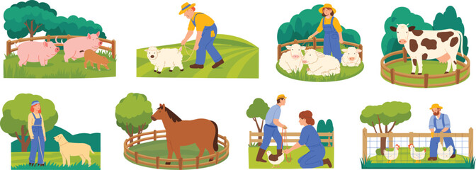 Fototapeta premium Cartoon farm scene with animals, farmers, and fenced areas for agriculture, education, and rural lifestyle themes.