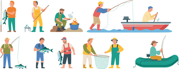 Cartoon fishing activity set with diverse characters, gear, and boats for outdoor, recreational, and educational nature themes.