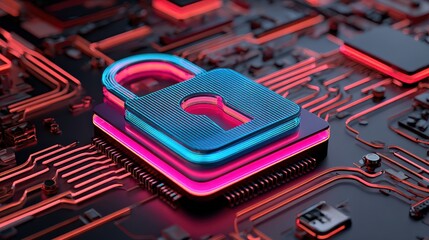 A vibrant digital illustration of a padlock on a circuit board, symbolizing cybersecurity and data protection in a modern technological landscape.