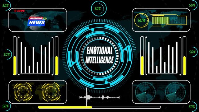 A cinematic HUD animation illustrating emotional intelligence dynamics with behavior-sensitive insight signals, adaptive interaction mapping, and synchronized cognitive response flows