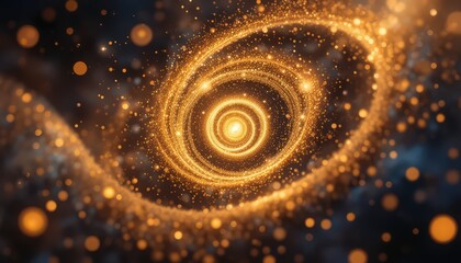 A mesmerizing abstract background featuring a dynamic swirl of bright golden light particles and glowing bokeh. 