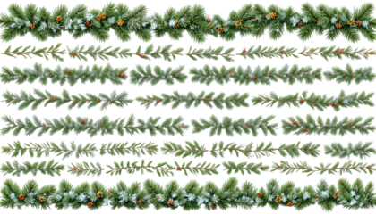 Collection of seven distinct evergreen pine garland borders with pinecones and red berries