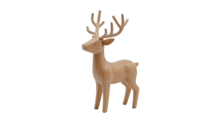 Minimalist wooden reindeer figurine with prominent grain detail stands against a deep for holiday decor