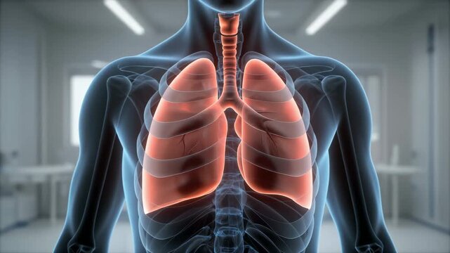 3D medical animation of the human respiratory system with lungs glowing showing the trachea and bronchi network for healthcare and science concepts