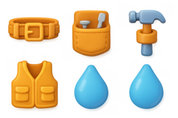 Cartoon tool icon set with hammer and belt for design projects