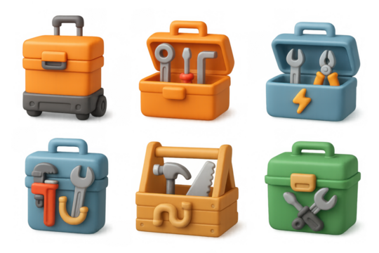 Collection of colorful toolbox icons with tools for creative design projects - Powered by Adobe