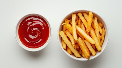 French fries and ketchup on white background, top view