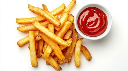 French fries and ketchup on white background, top view