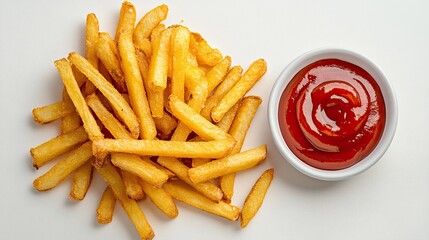 French fries and ketchup on white background, top view