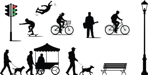 Fototapeta premium Cartoon urban activity silhouette set with bikes, skateboards, dogs, vendor cart, and street elements for city lifestyle themes.