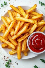 French fries and ketchup on white background, top view