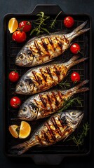 Grilled dorado fish. Healthy eating concept. Space for text, top view.
