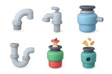Cartoon plumbing icons for design projects featuring pipes and faucets