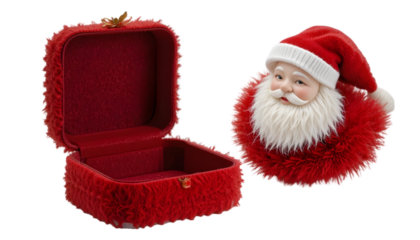 Open fuzzy red velvet jewelry box sits beside a cheerful Santa Claus head ornament ready for holiday gifting season