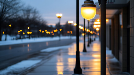 A tranquil twilight scene on a snow-kissed street, lit by a warm glow from vintage-style lamps. Reflections on the wet pavement create a magical, serene ambiance.